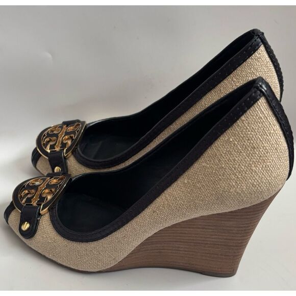 Tory Burch Leticia Peep-Toe Canvas /Leather Wedge Size 8.5 - Picture 3 of 9